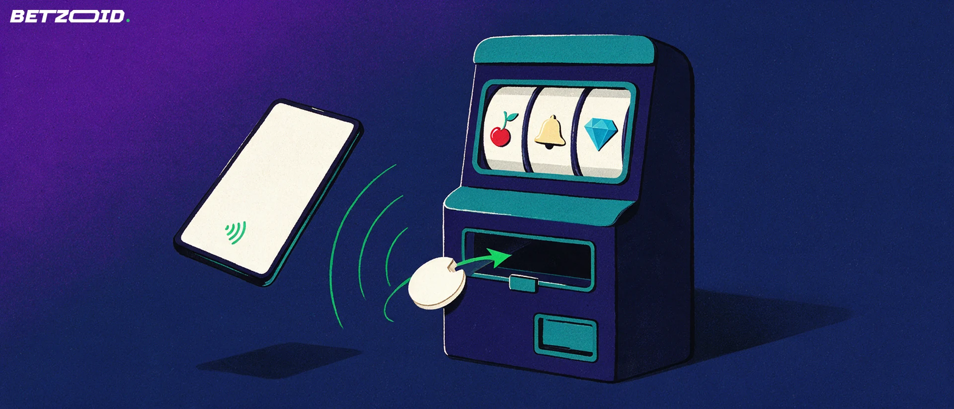 Illustration of a smartphone sending contactless waves and a chip into a slot machine's payment slot.