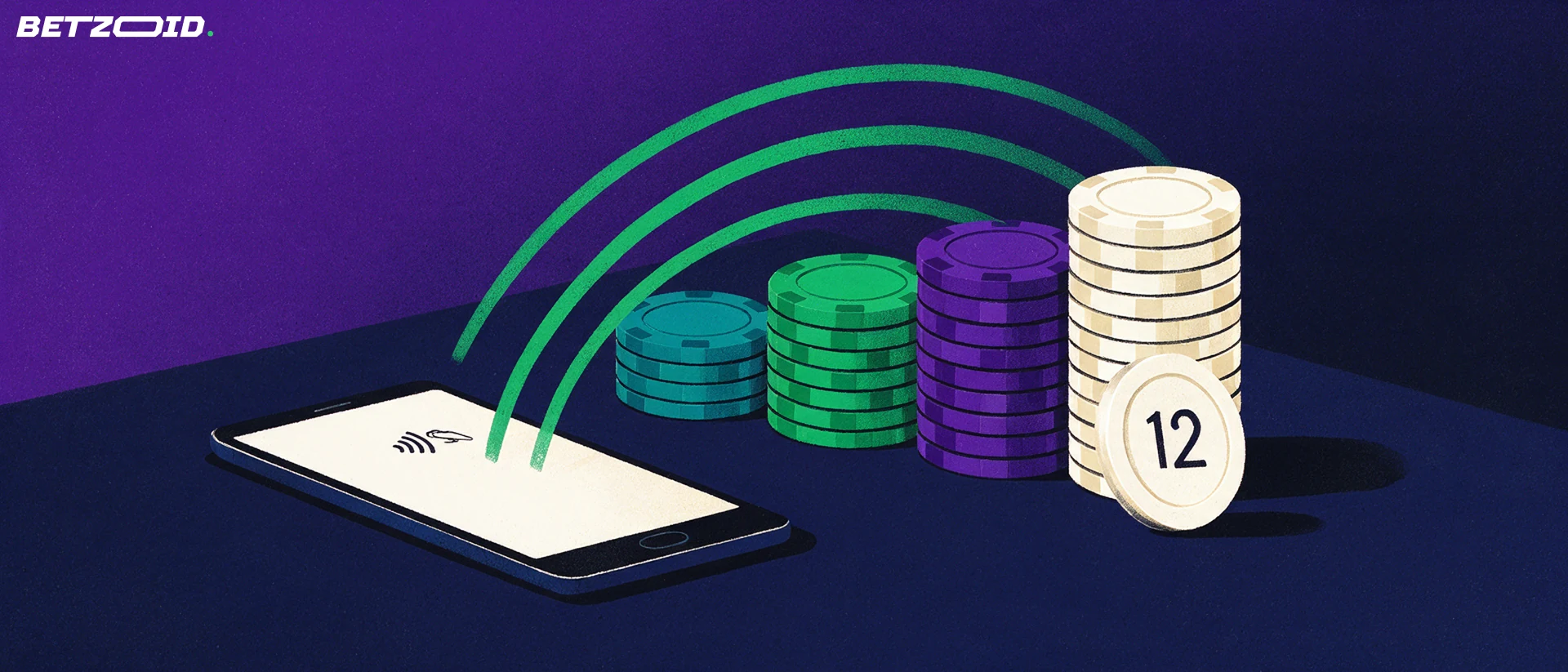Illustration of four casino chip stacks beside a flat smartphone emitting contactless waves, with a chip badge marked 12.