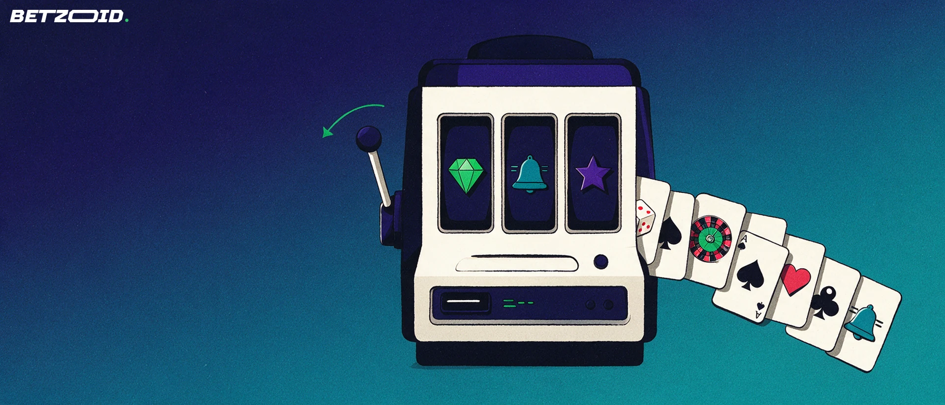 Illustration of a slot machine cabinet with three reels showing diamond, bell and star symbols beside a fan of game tiles.