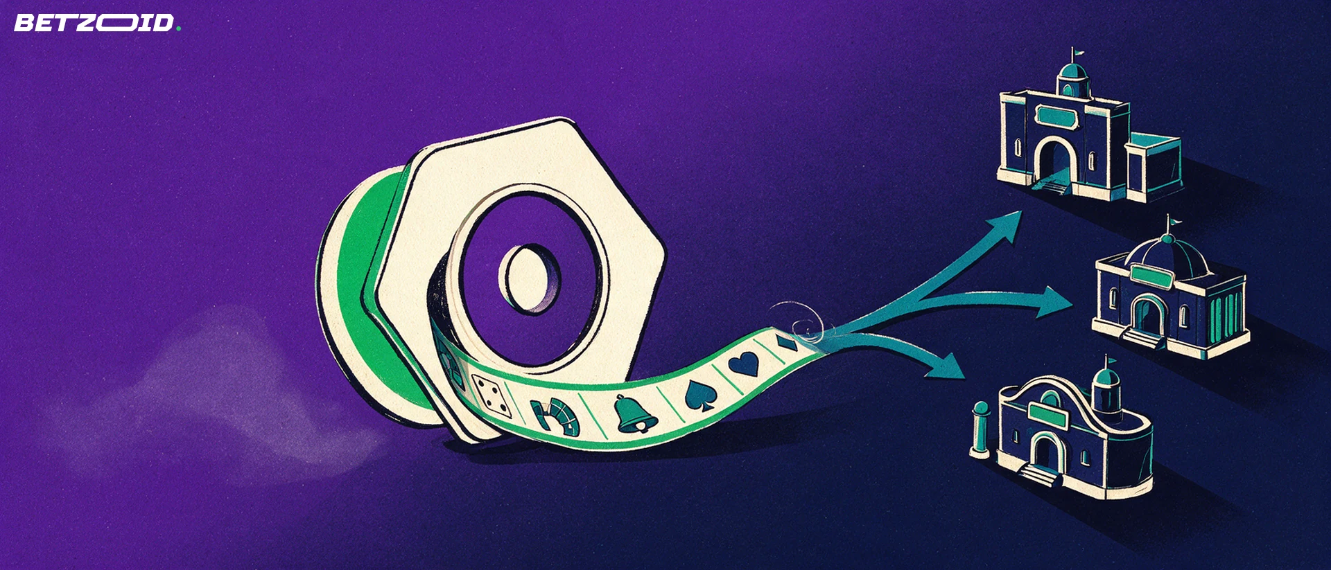 Illustration of a reel spool unwinding a ribbon of casino game symbols that branches into three arched casino doorways.