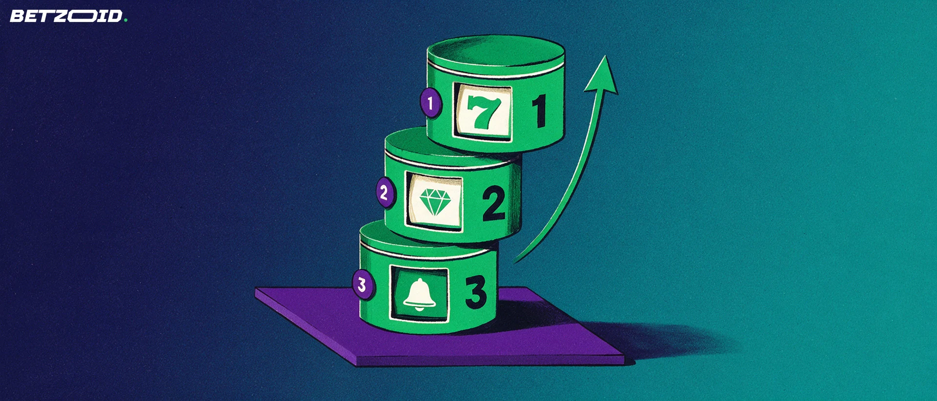 Illustration of three stacked slot reel drums forming a ranking podium with simple game symbols and an upward arrow