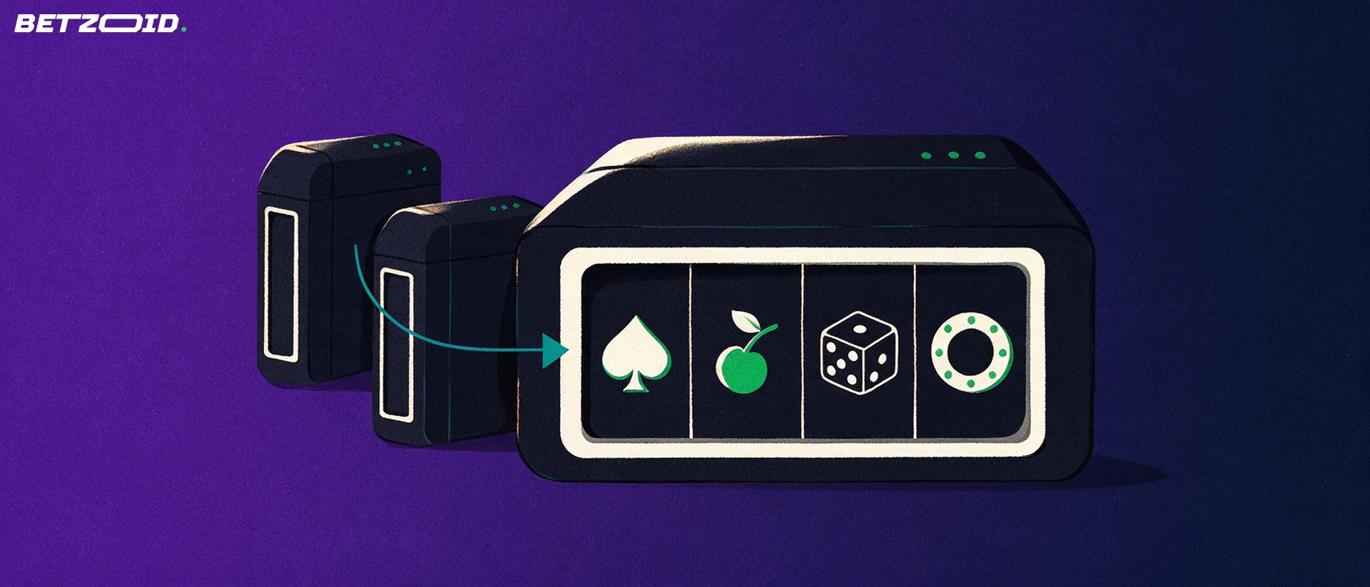 Illustration of a large casino game cabinet with card, slot, dice and chip symbols, with two smaller cabinets behind it