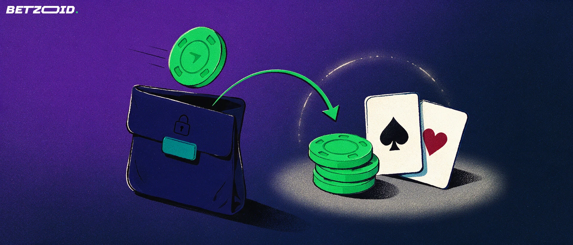 Illustration of a locked digital wallet sending a chip-shaped token along an arrow to a stack of casino chips and playing cards