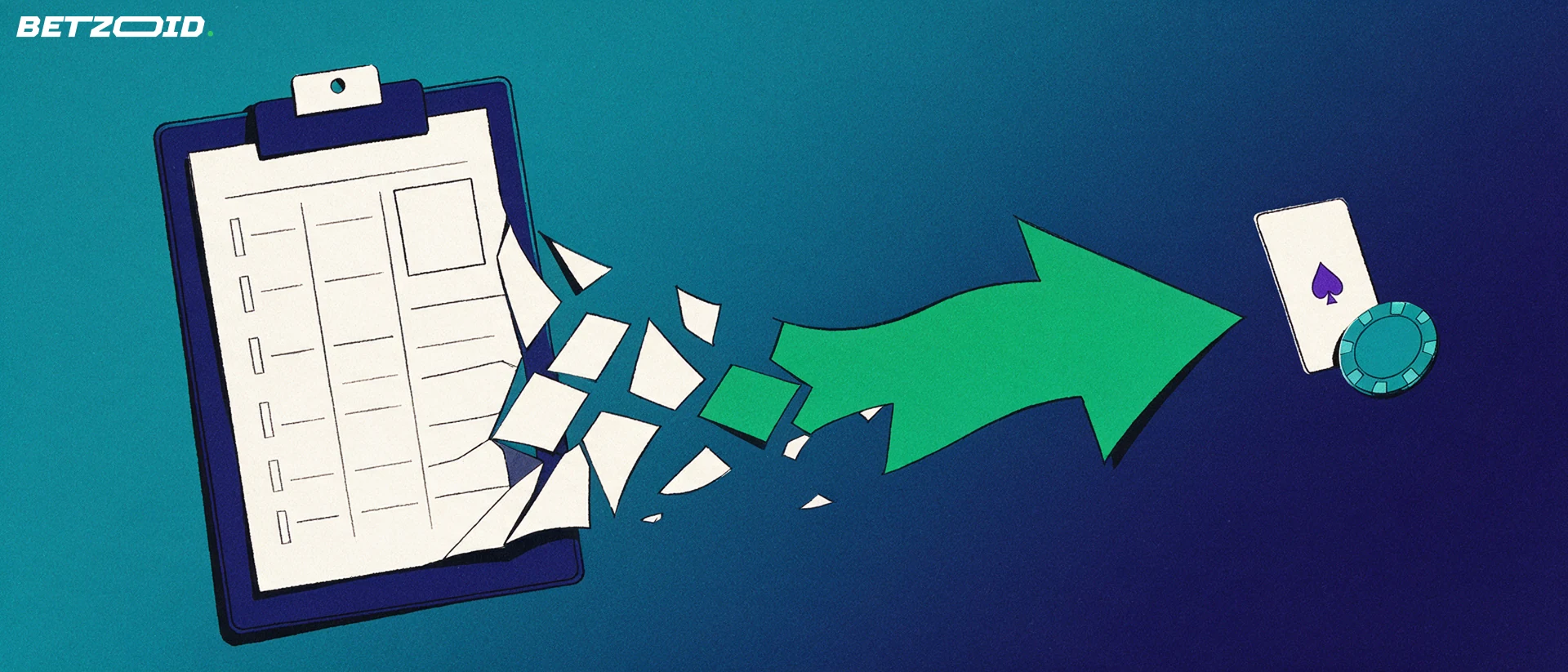Illustration of a blank registration form breaking into shards that turn into a green arrow carrying a playing card and casino chip forward