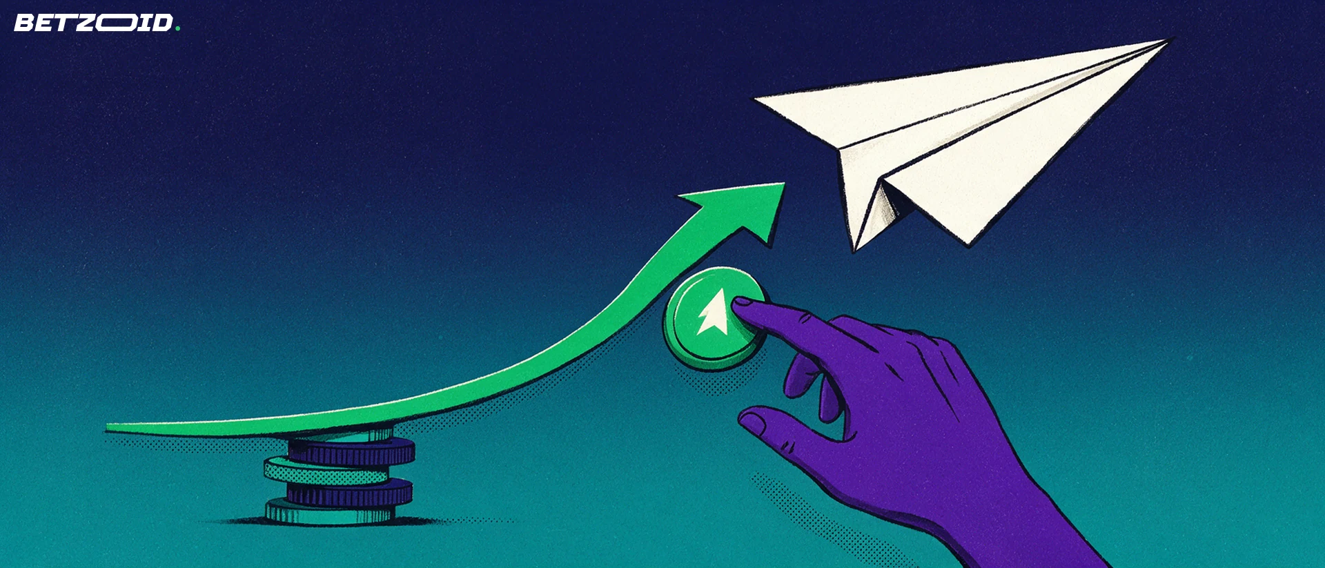 Illustration of a paper plane climbing a rising green curve above casino chips while a hand presses a cash-out button with an upward arrow.