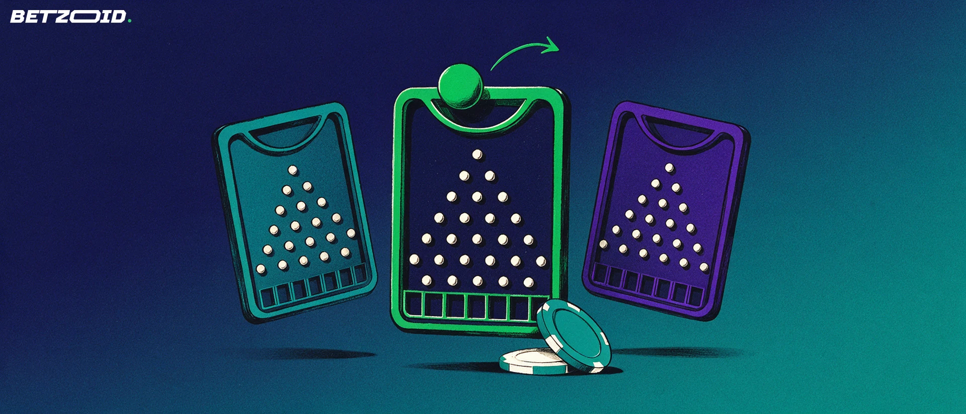 Illustration of three Plinko peg-board tiles side by side with the middle one highlighted as a ball drops into it.
