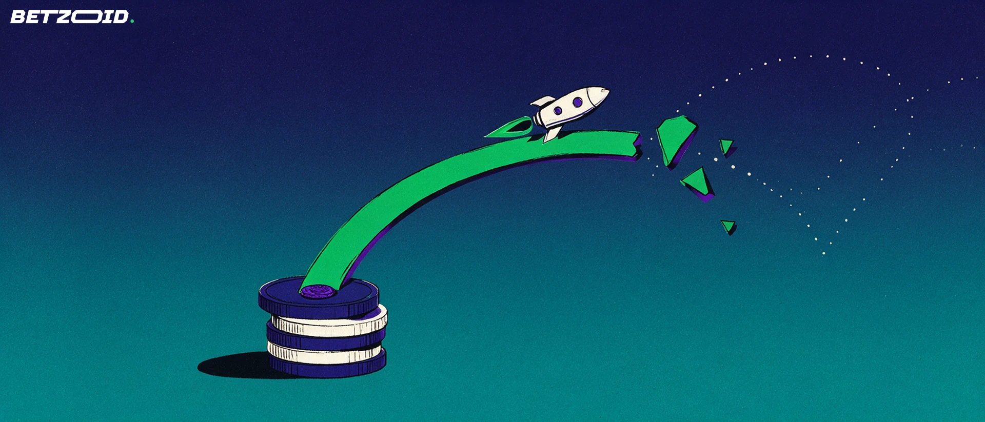 Illustration of a rocket riding a rising curve that starts at a stack of casino chips and snaps off mid-air.