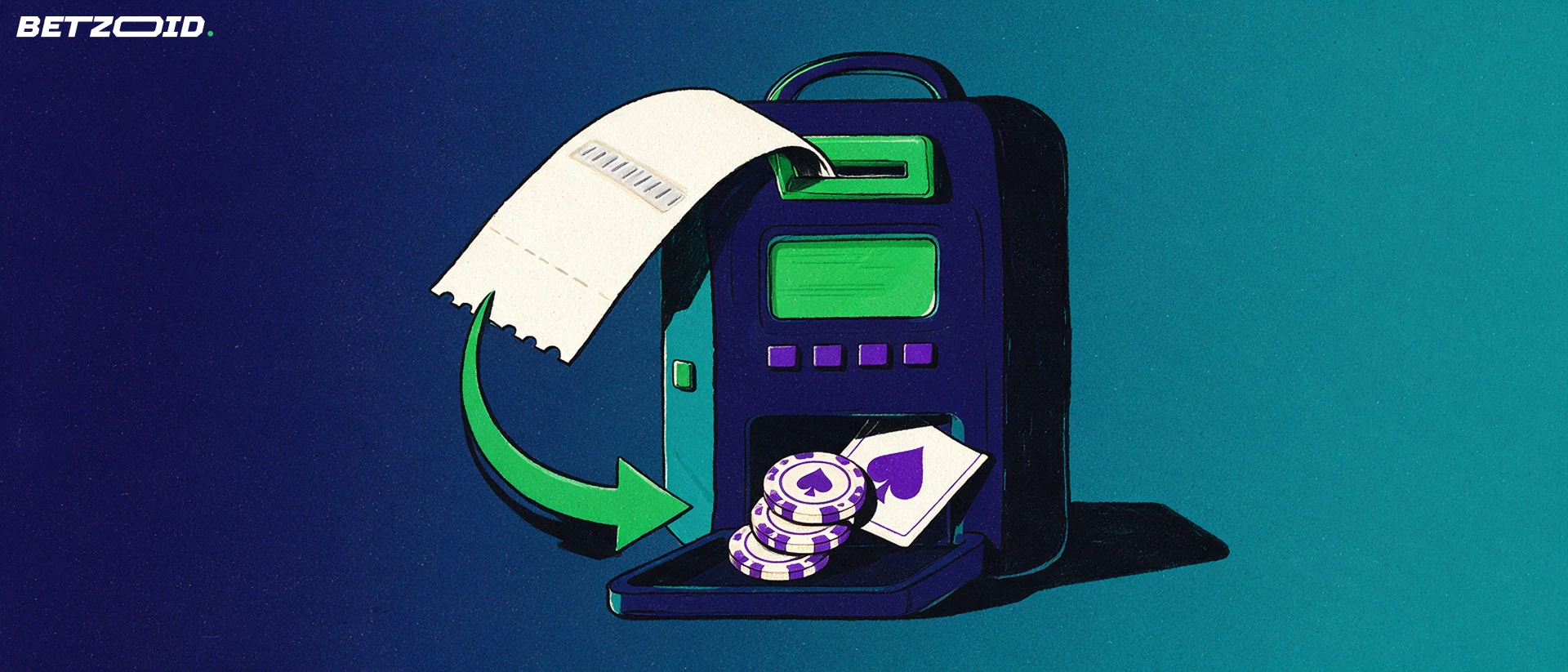 Illustration of a prepaid voucher slip sliding into a casino cashier machine that dispenses casino chips and a playing card.