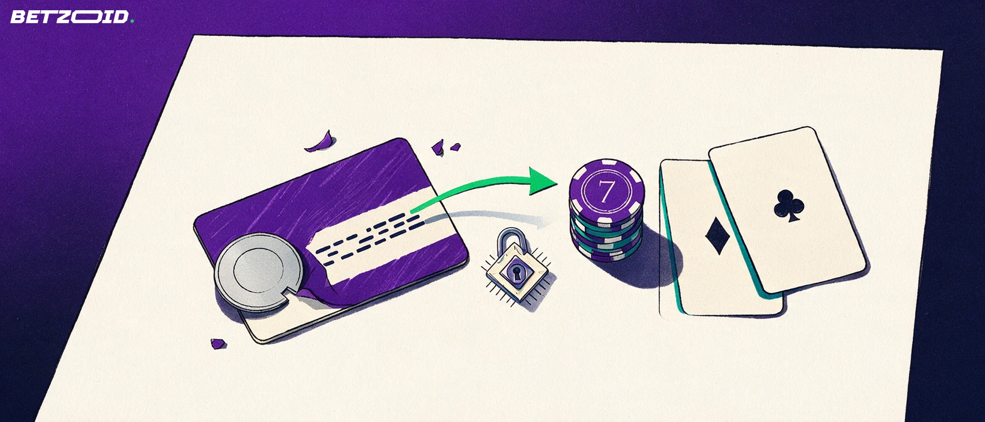 Overhead illustration of a prepaid scratch card being revealed with a token, an arrow leading to casino chips and playing cards.