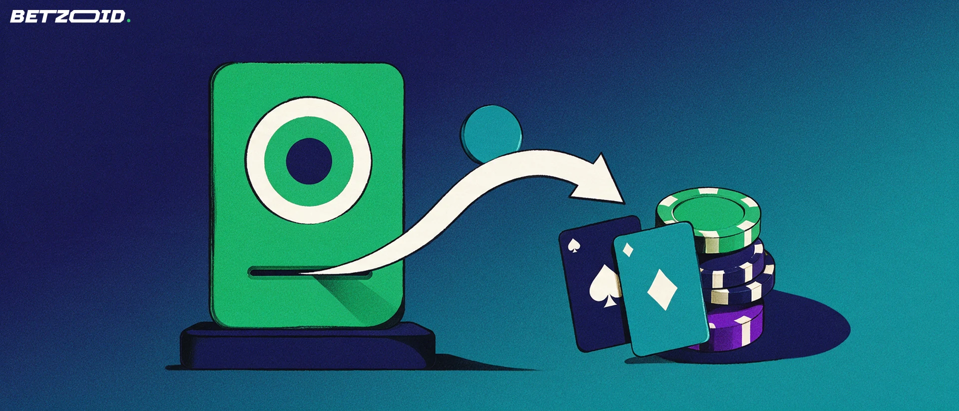 Illustration of a green digital wallet sending a disc along an arrow into a stack of casino chips and playing cards.