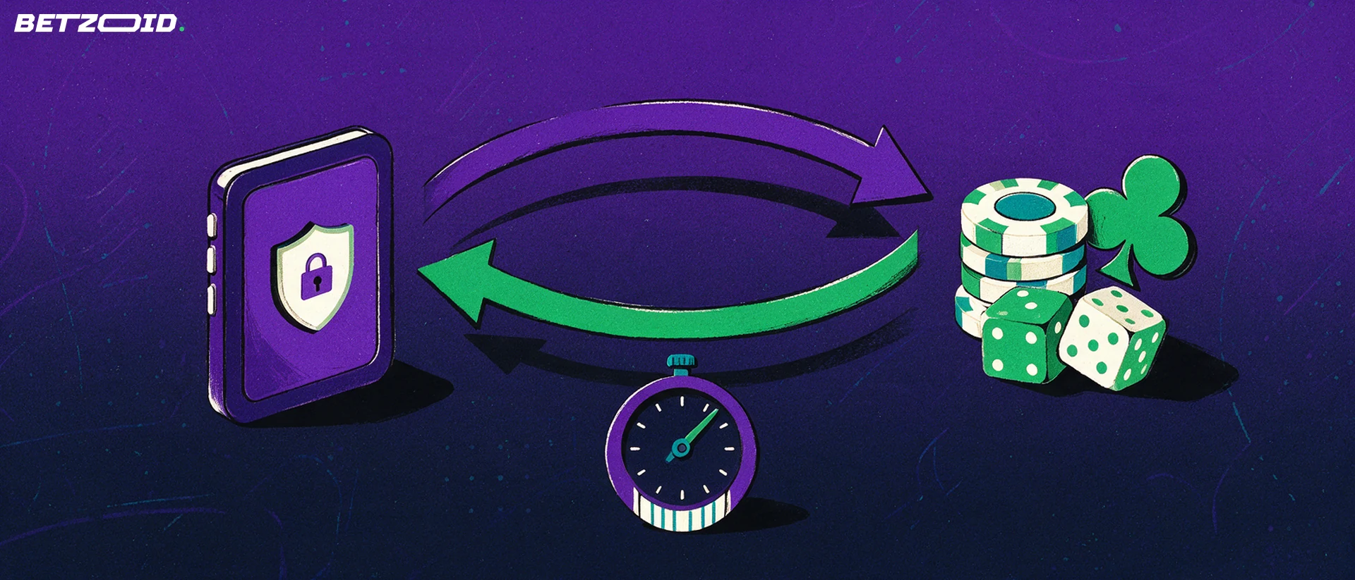 Illustration of two arrows looping between a secure e-wallet and casino chips, dice and a card suit, with a stopwatch below.