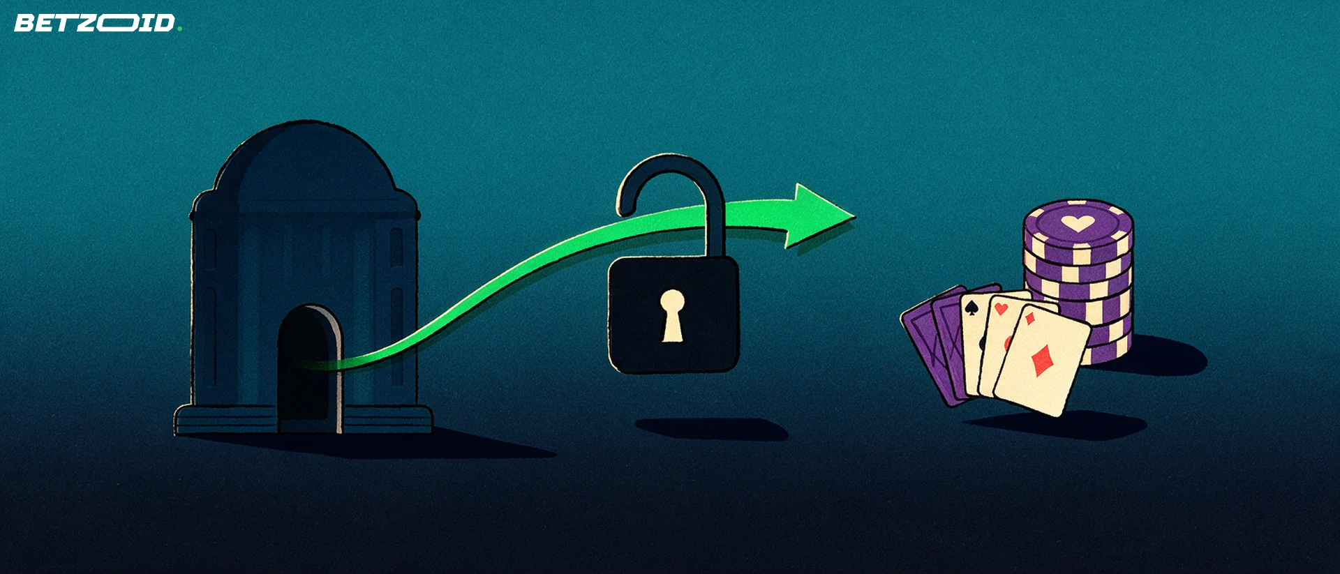 Illustration of a bank building sending a green arrow through an open padlock into a stack of casino chips and playing cards