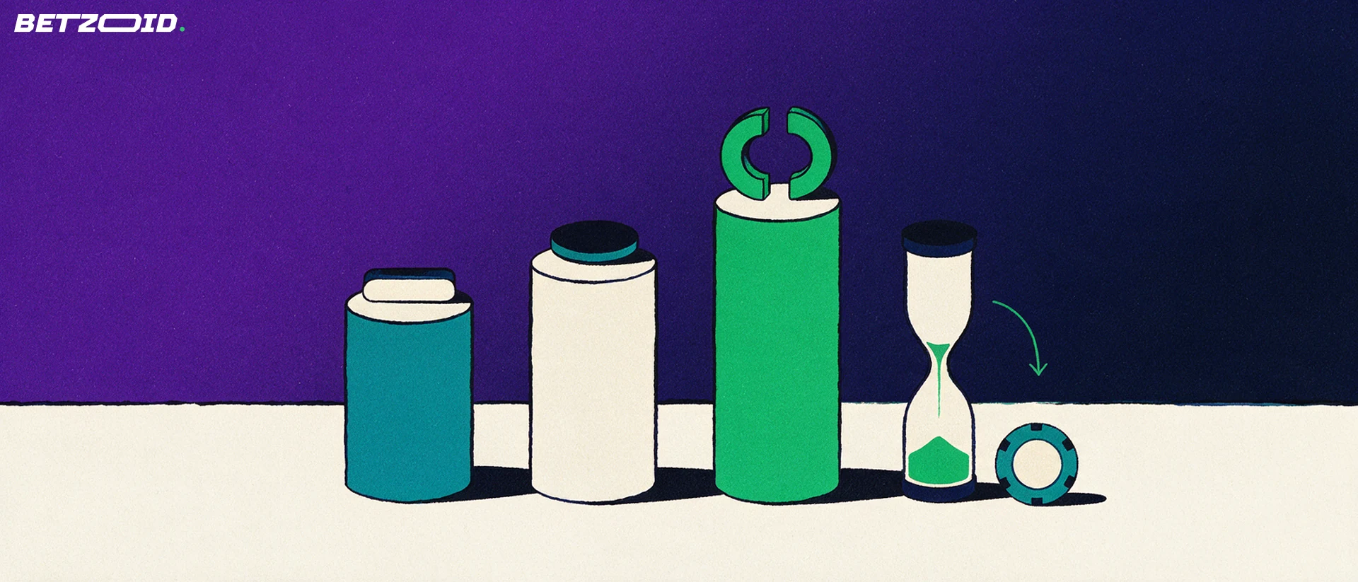 Illustration of three ranked payment pillars with a bank-link symbol on top, an almost empty hourglass and a single casino chip