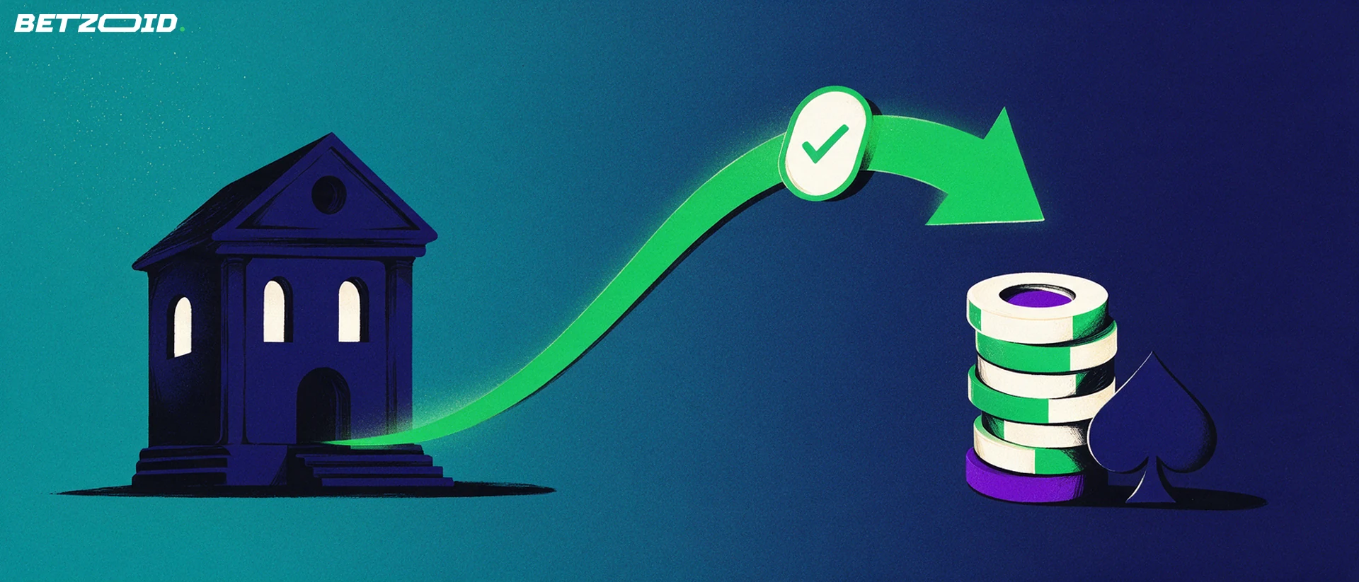 Illustration of a green arrow travelling from a bank building to a stack of casino chips and a spade symbol.