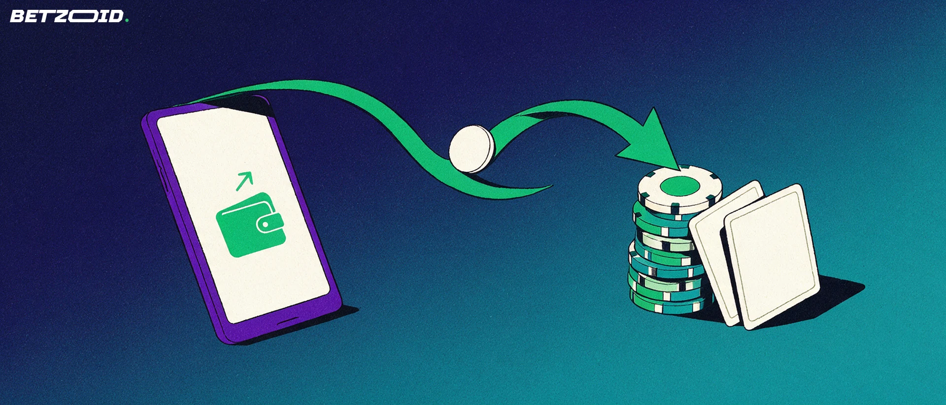 Ilustración de un teléfono móvil con un símbolo de billetera y una flecha verde que lleva fondos hacia una pila de fichas de casino y dos cartas.