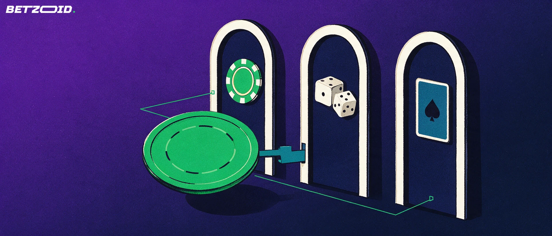 Ilustración de tres arcos de casino con una ficha, unos dados y una carta, conectados por una moneda verde de billetera móvil que encaja en ellos.
