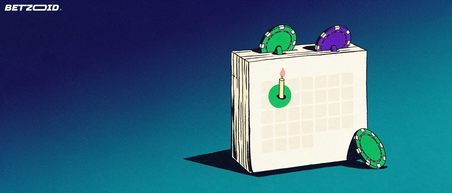 Ilustrace stolního kalendáře s vyznačeným dnem, hořící svíčkou v označeném políčku a kasinovými žetony místo kroužkové vazby.