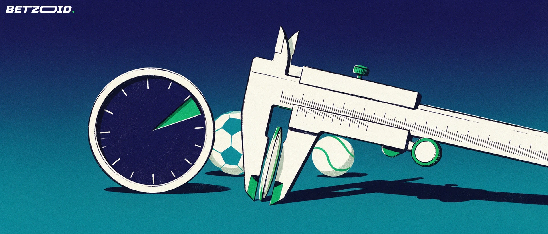 Illustration of a large calliper measuring a thin green wedge on a plain odds dial, with a football and tennis ball beside it.