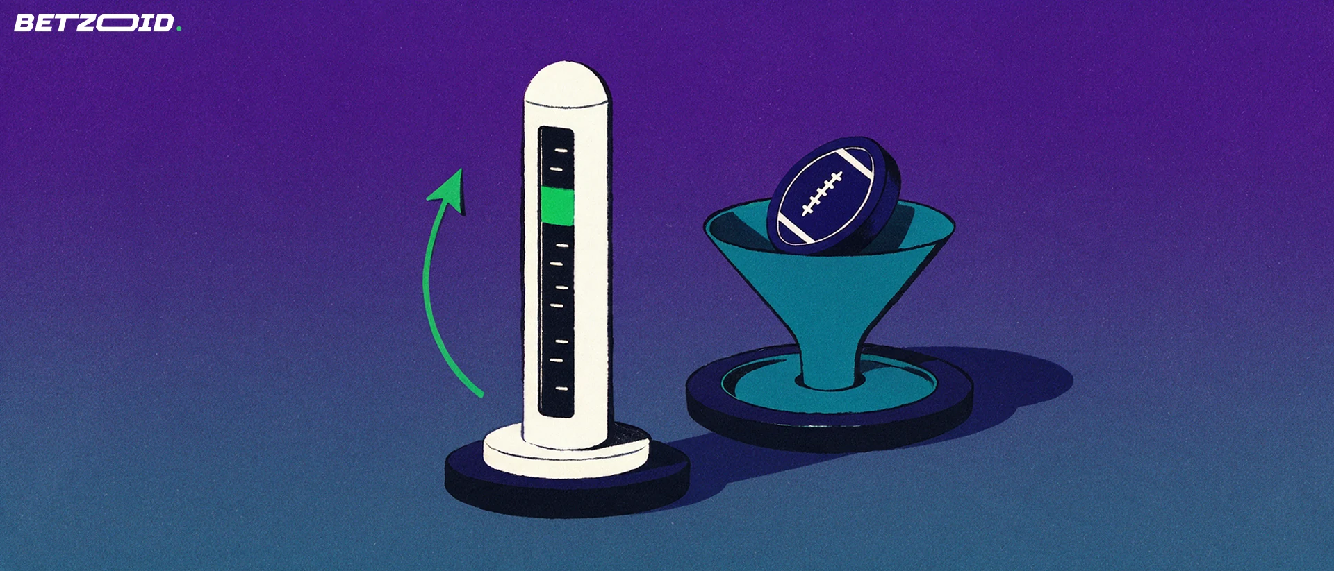 Illustration of a tall stake-limit gauge with its indicator near the top beside a wide funnel accepting a large token marked with a football symbol.