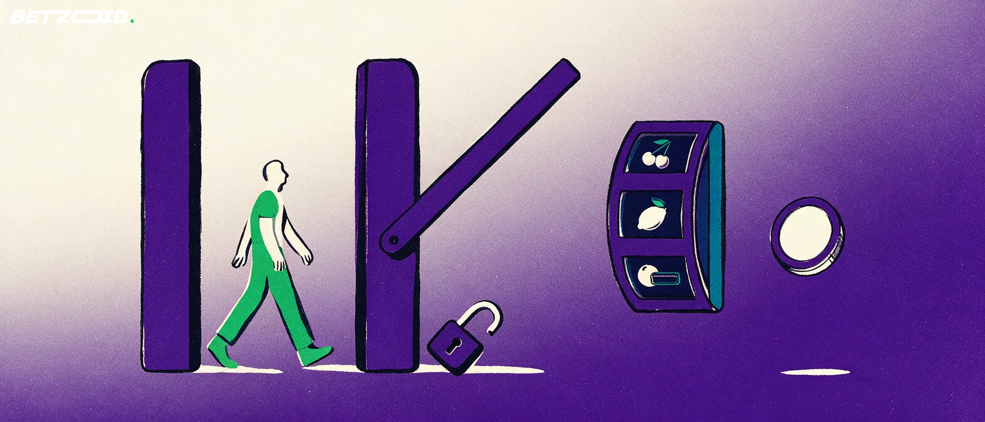 Illustration einer offenen Schranke ohne Kontrollstelle, durch die eine Person zu einer Slot-Walze und einem Spielchip geht.