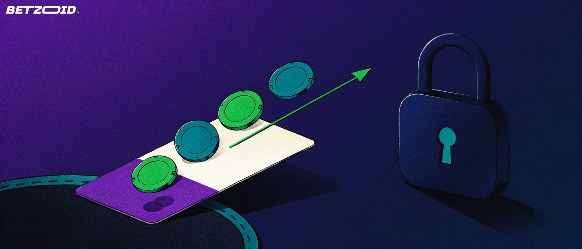 Illustration: Spielchips rollen von einem Casinotisch über eine geneigte Kreditkarte, rechts steht ein grosses Vorhängeschloss als Zeichen für sichere Auszahlungen.