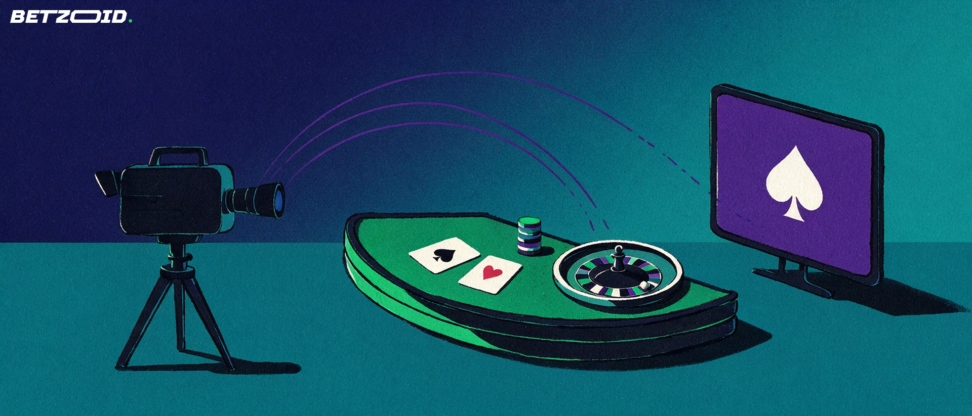 Illustration einer Studiokamera, die einen Live-Casino-Tisch mit Karten, Chips und Roulettekessel filmt und das Bild an einen Monitor überträgt.