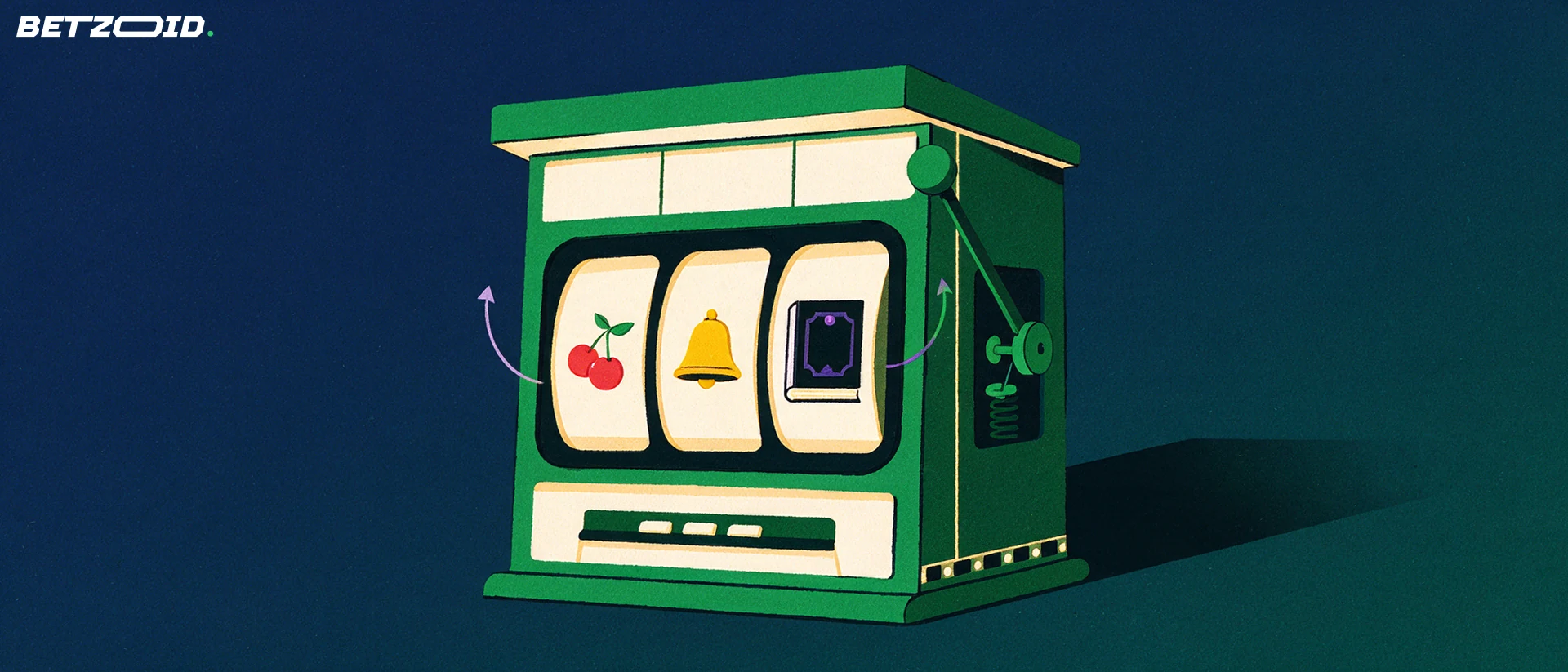 Illustration eines Spielautomaten mit drei Walzen, die Kirschen, eine Glocke und ein Buchsymbol zeigen.