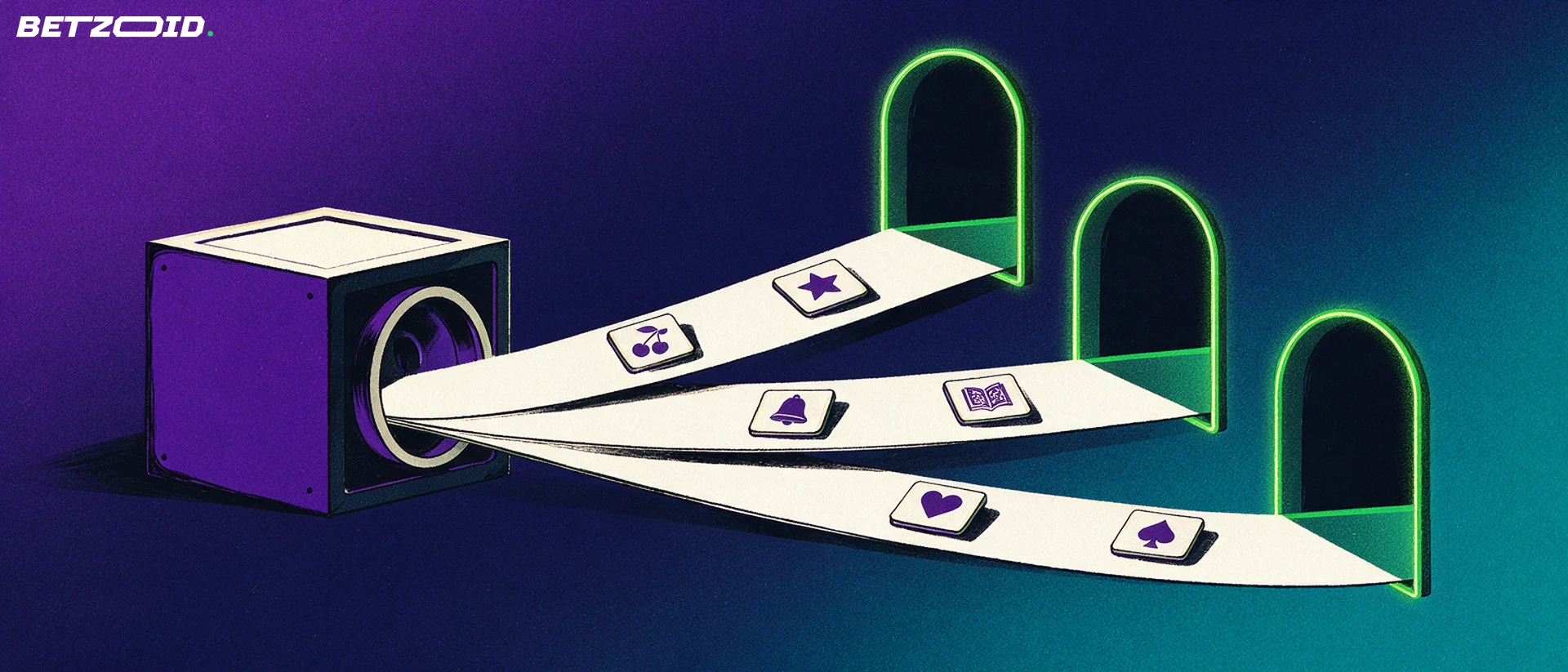 Illustration einer Spielekiste, die über drei Förderbänder Spielsymbole an drei Casino-Torbögen liefert.