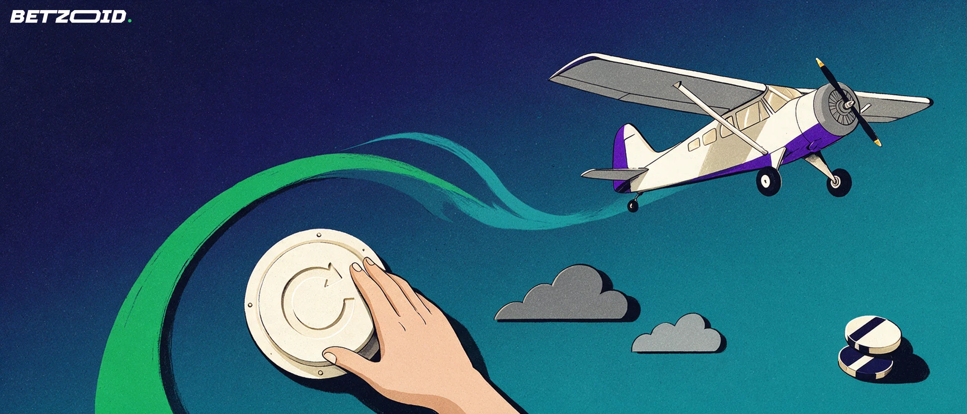 Illustration eines steigenden Propellerflugzeugs über einer grünen Kurve, darunter eine Hand an einem runden Auszahlungsknopf und zwei Casino-Chips.