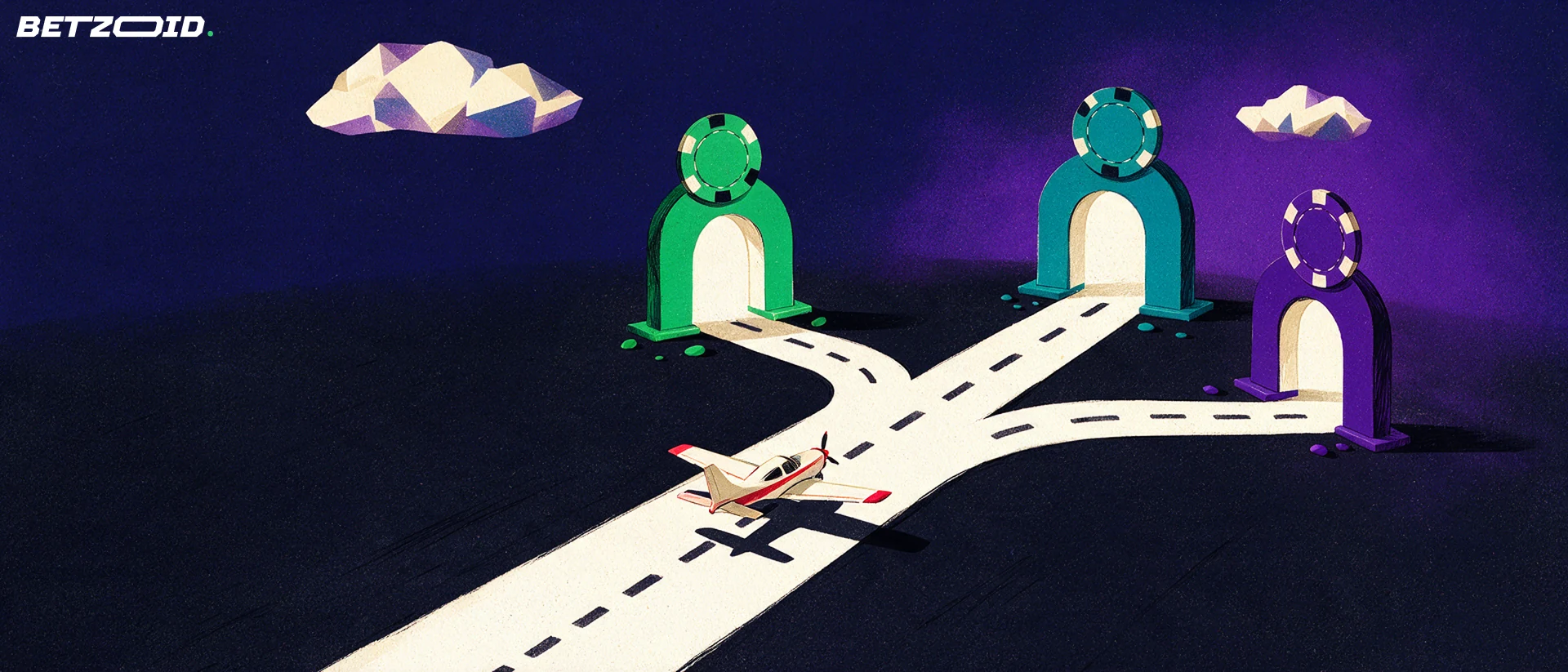 Illustration einer Landebahn, die sich in drei Wege mit farbigen Torbögen und Casino-Chips teilt, davor ein kleines Propellerflugzeug.