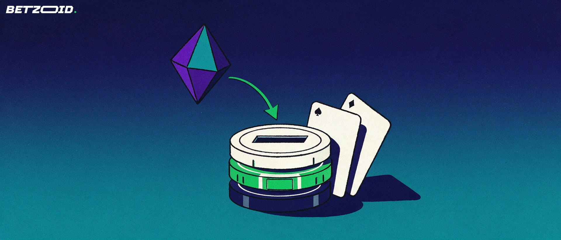 Illustration eines facettierten Kristall-Tokens, der über einen Pfeil in einen Münzschlitz aus gestapelten Casino-Chips fällt, daneben zwei einfache Spielkarten.