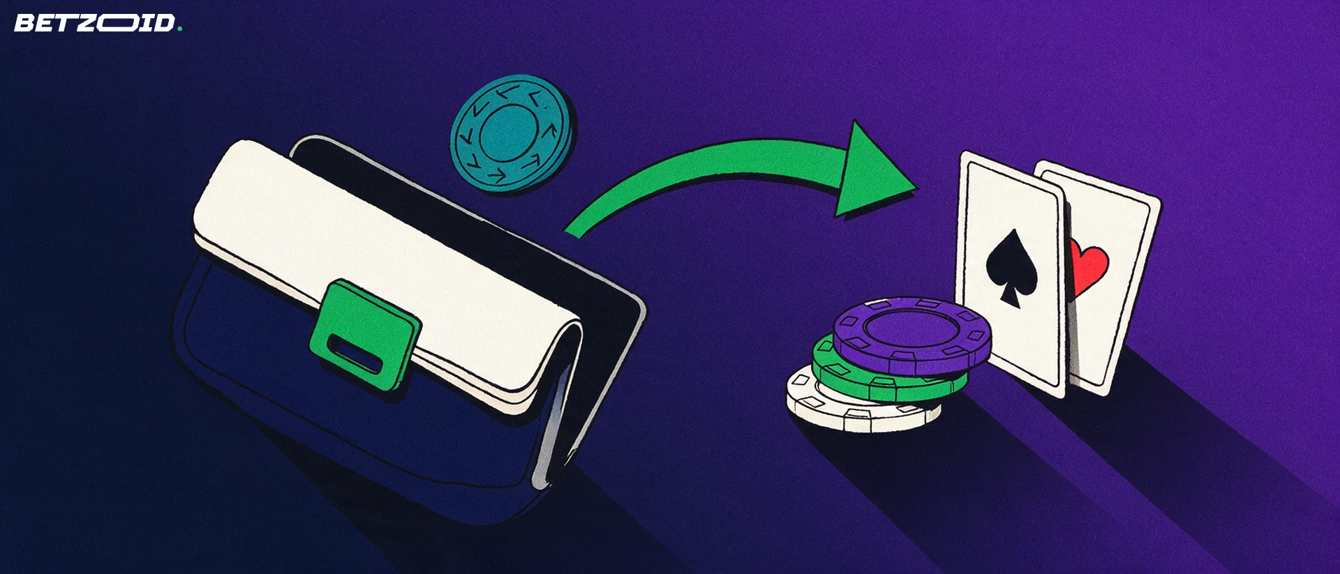 Illustration einer geöffneten digitalen Geldbörse, aus der eine runde Zahlungsmarke über einen grünen Pfeil zu einem Stapel Casino-Chips und zwei Spielkarten wandert.