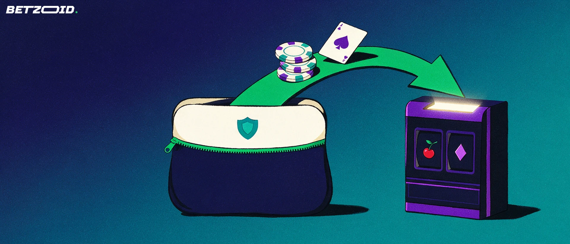 Illustration einer digitalen Geldbörse, aus der ein grüner Pfeil mit Chips und einer Spielkarte in einen Spielautomaten führt.