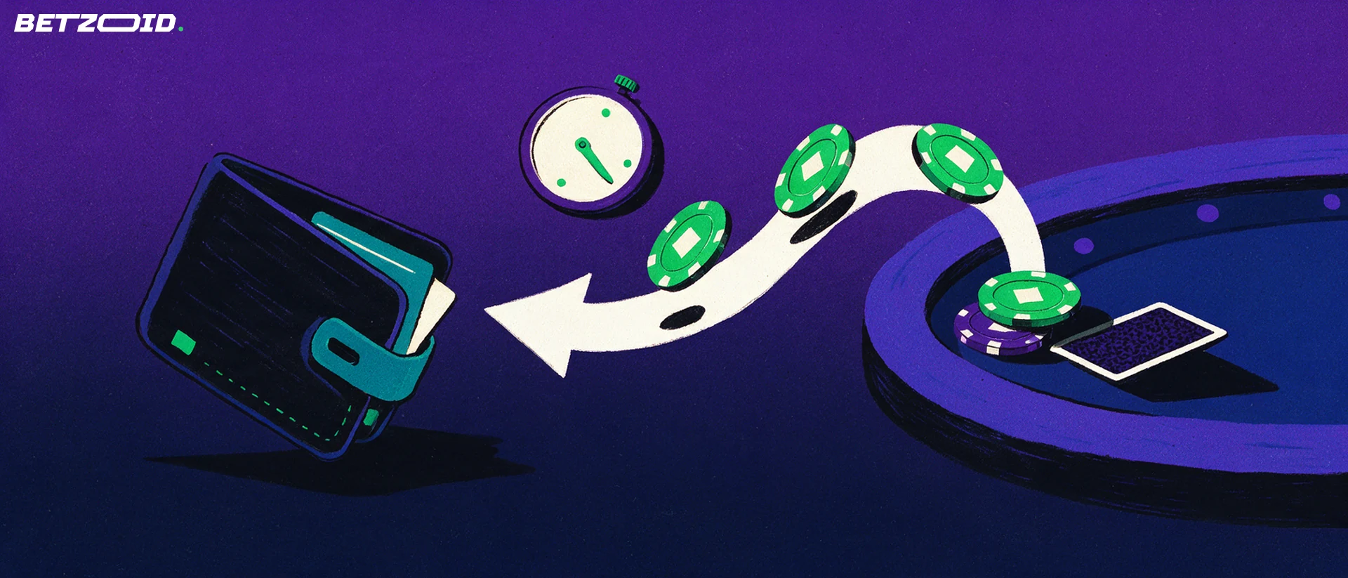 Illustration: Chips wandern von einem Casinotisch über einen Pfeil und eine Stoppuhr in eine geöffnete digitale Geldbörse.