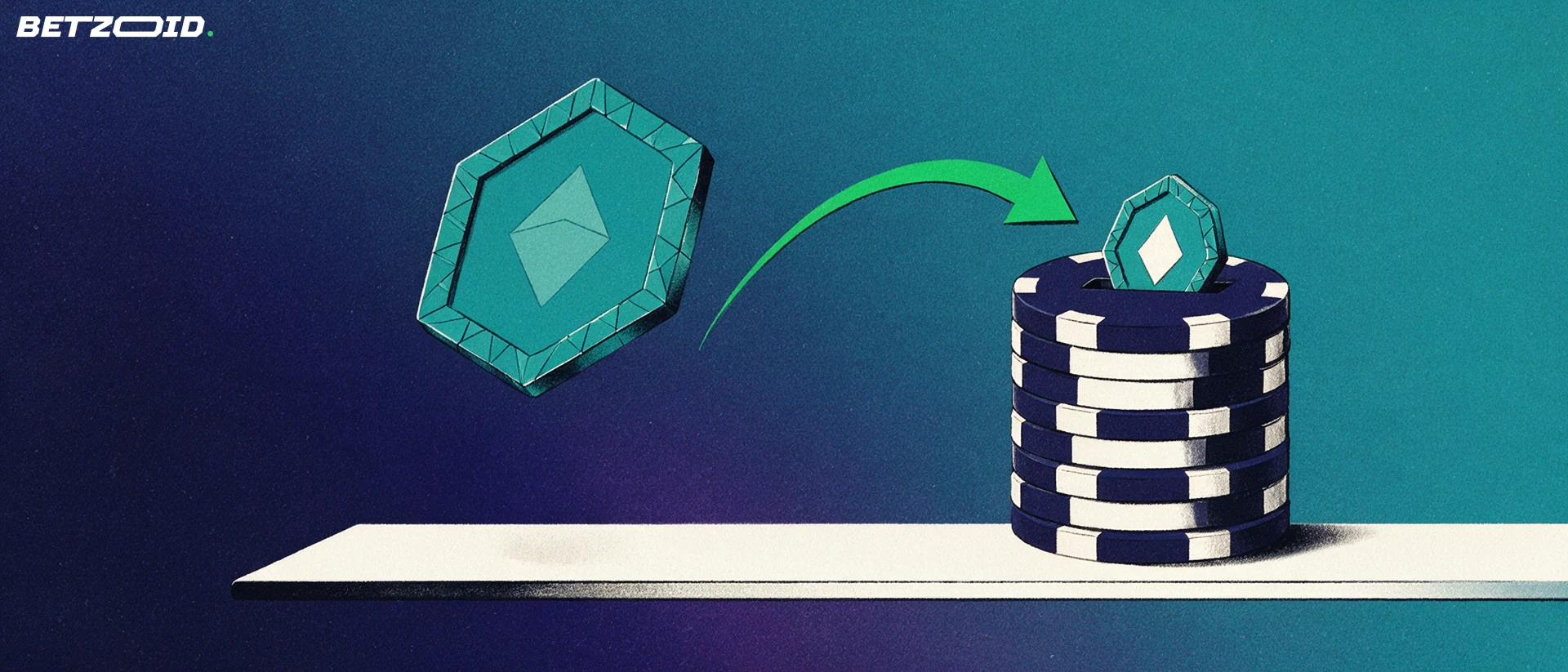 Illustration: Eine sechseckige Krypto-Münze gleitet über einen grünen Pfeil in den Einwurfschlitz eines Stapels aus Casino-Chips.