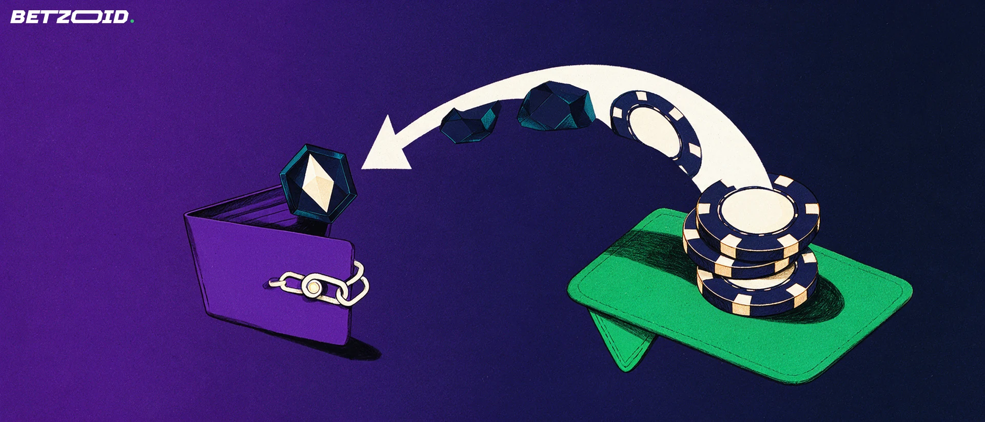 Illustration: Casino-Chips verwandeln sich entlang eines Pfeils in sechseckige Krypto-Token und wandern in eine geöffnete Wallet.