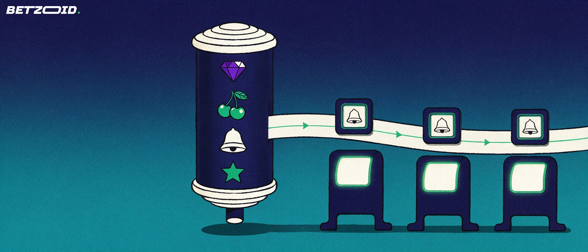 Illustration af en stor spilleautomat-rulle med spilsymboler, der via et transportbånd sender ens spilfliser videre til tre casinoautomater.