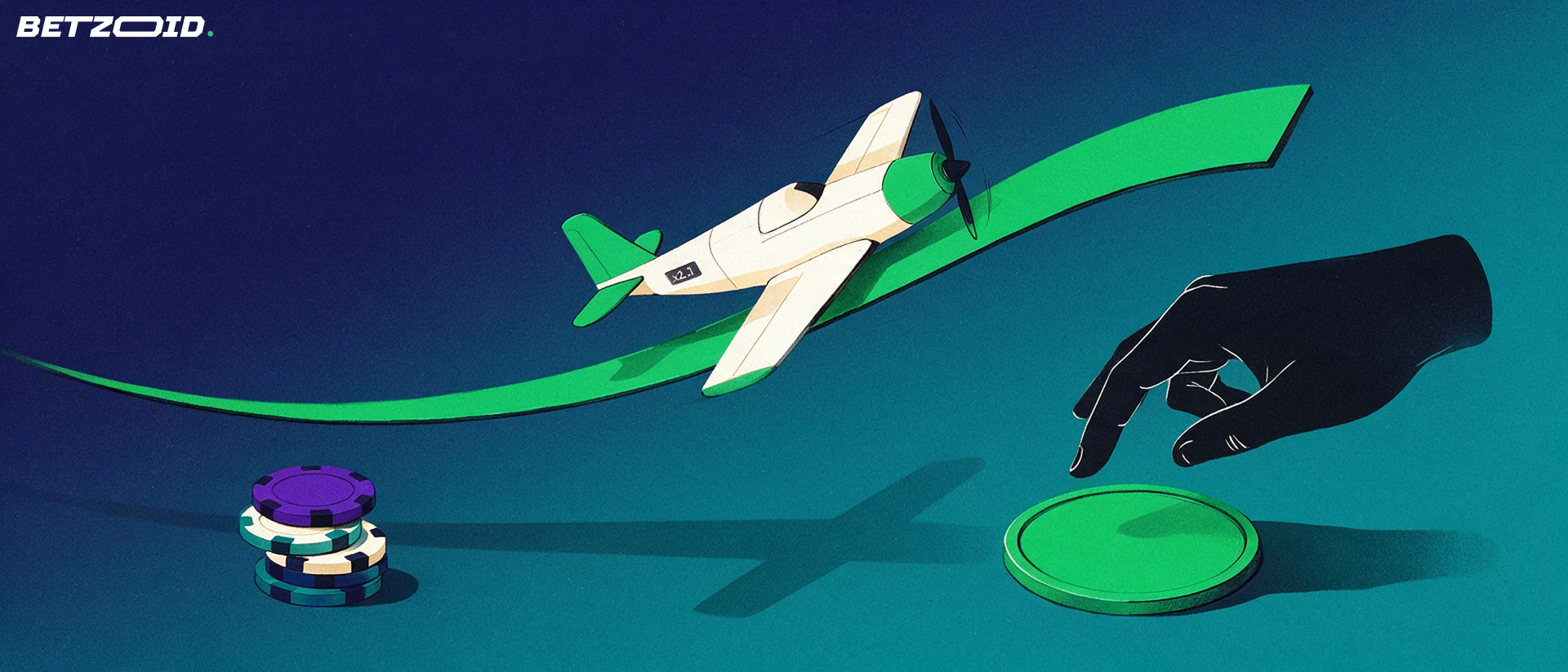Illustration d'un petit avion montant le long d'une courbe verte au-dessus de jetons de casino, avec une main prête à appuyer sur un gros bouton rond.