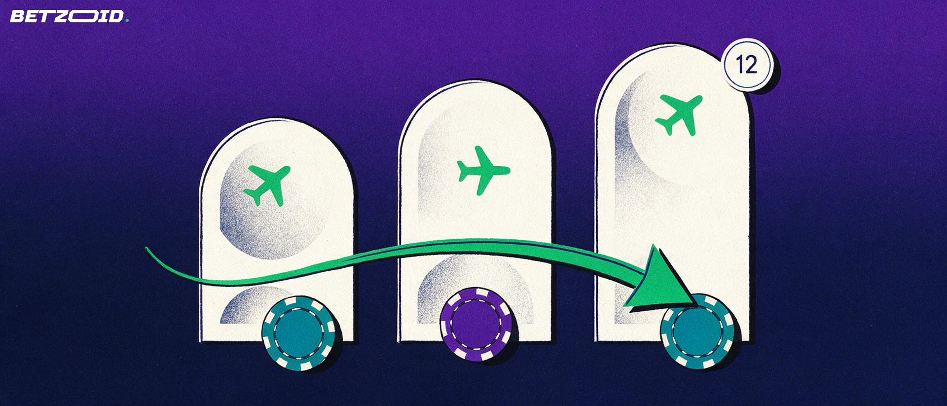 Illustration de trois panneaux arqués alignés, chacun portant un avion stylisé et un jeton, avec une flèche verte et un badge rond marqué 12.