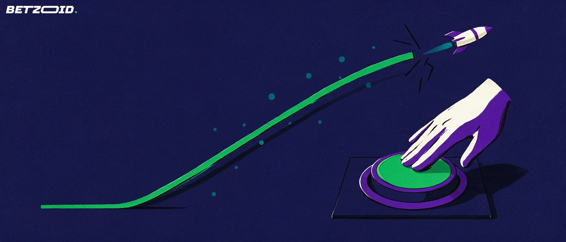 Illustration d'une courbe verte ascendante terminée par une fusée, avec une main appuyant sur un gros bouton rond d'encaissement.