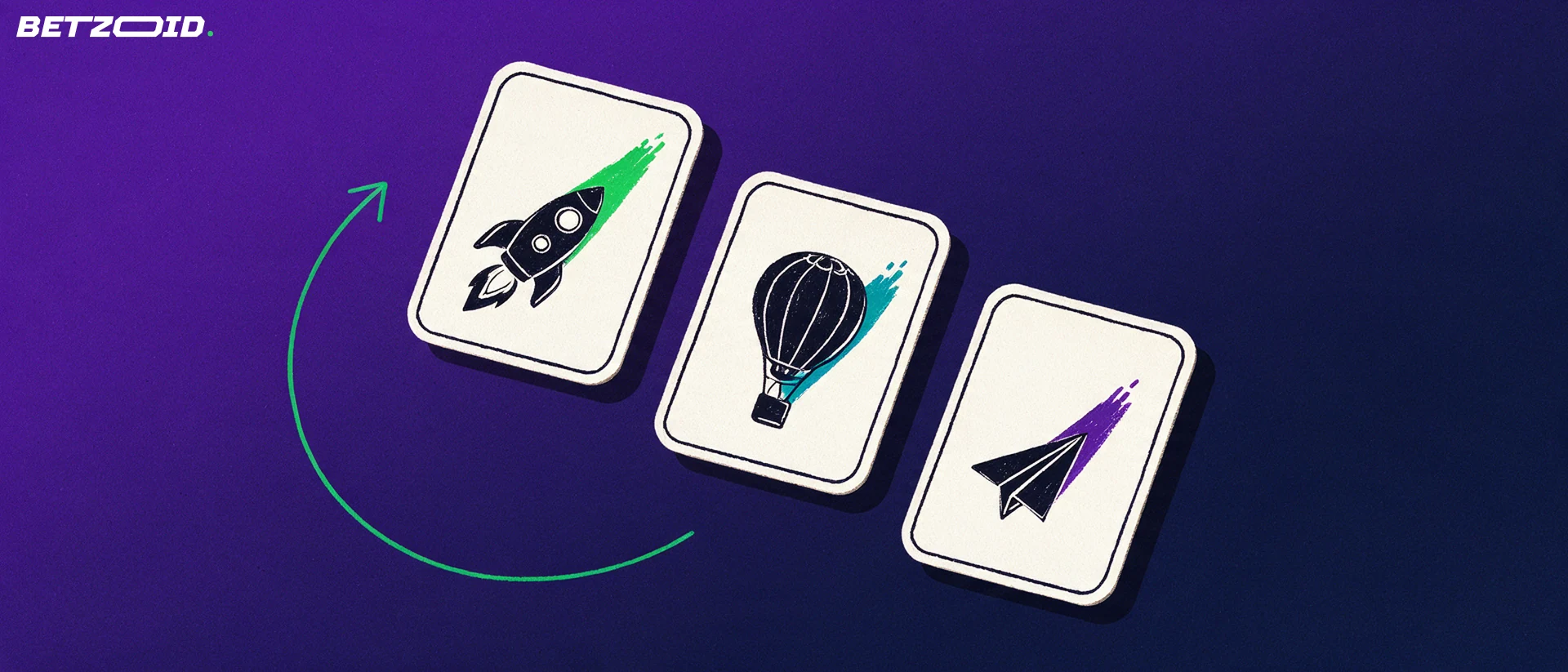 Illustration de trois cartes de jeu montrant une fusée, une montgolfière et un avion en papier, chacune suivant une trajectoire montante qui se rompt.