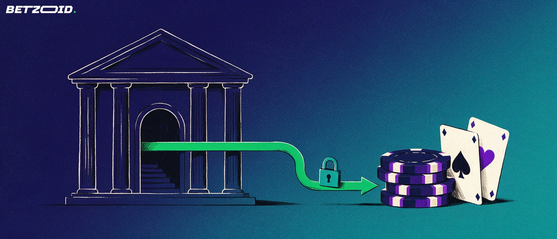 Illustration d'une façade de banque reliée par un conduit vert fléché à une pile de jetons de casino et deux cartes à jouer, avec un petit cadenas sur le conduit.