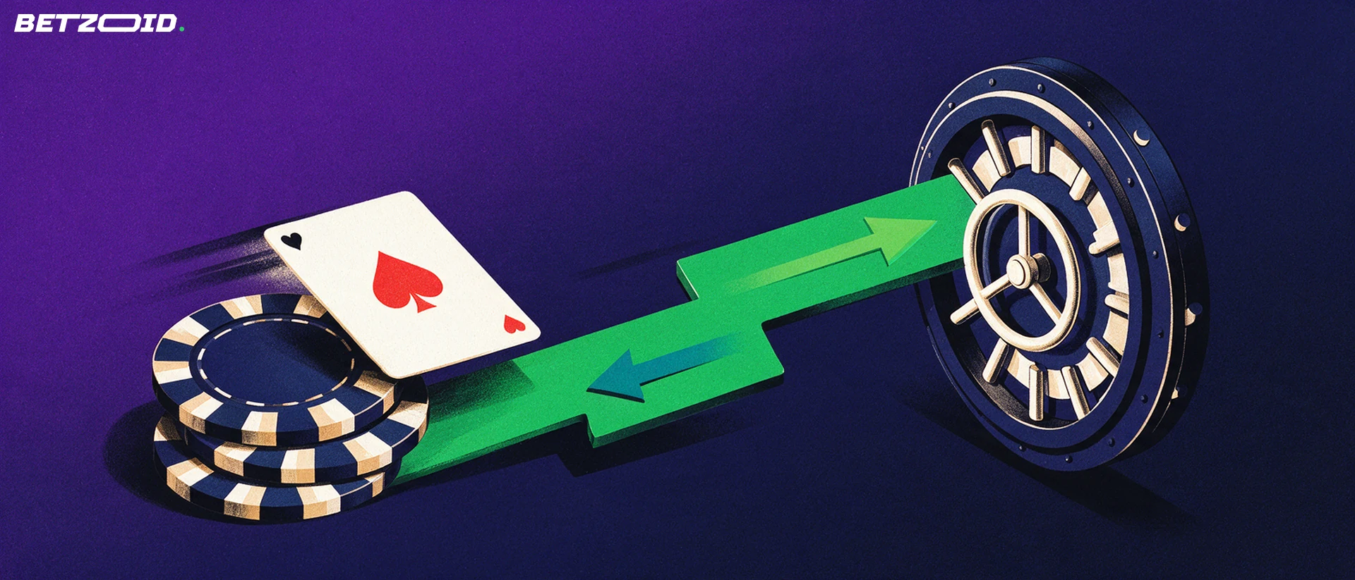 Illustration de jetons de casino reliés par un éclair vert à une porte de coffre-fort bancaire, avec des flèches indiquant un transfert rapide dans les deux sens.