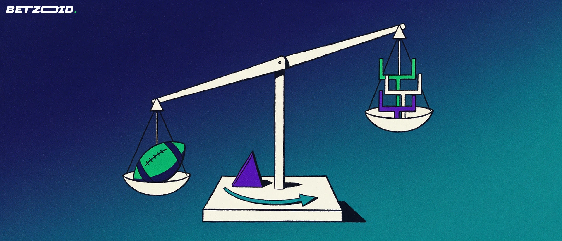 Illustration of a balance scale weighing a football against small goal-shaped discs, with its fulcrum shifted sideways by an arrow.