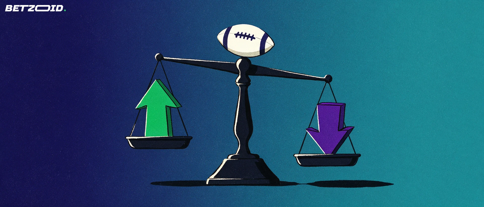 Illustration of a balance scale weighing an upward green arrow against a downward purple arrow with a football on the central pivot.