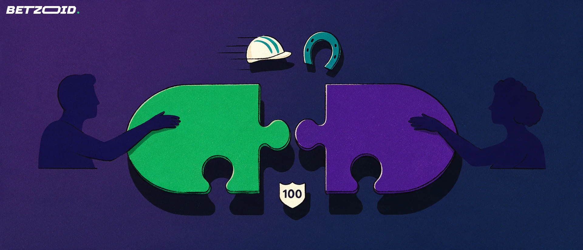 Illustration of two people joining interlocking green and purple arrow puzzle pieces beneath a jockey helmet and horseshoe.