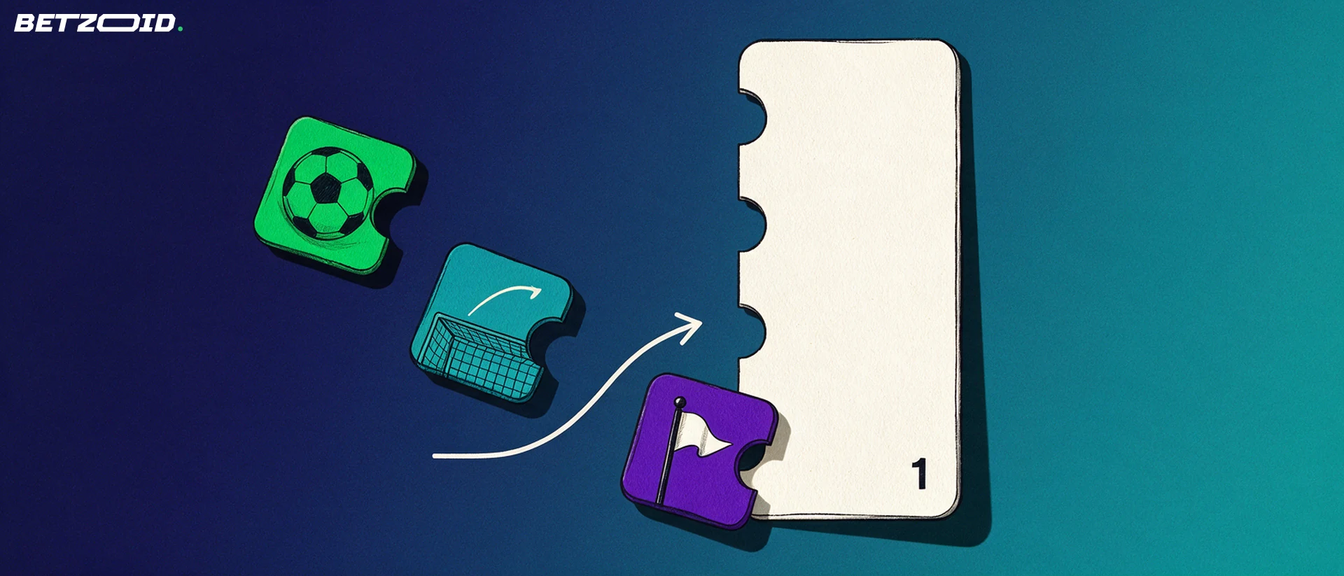 Illustration of three modular blocks with football symbols clicking into slots on a single betting slip card.