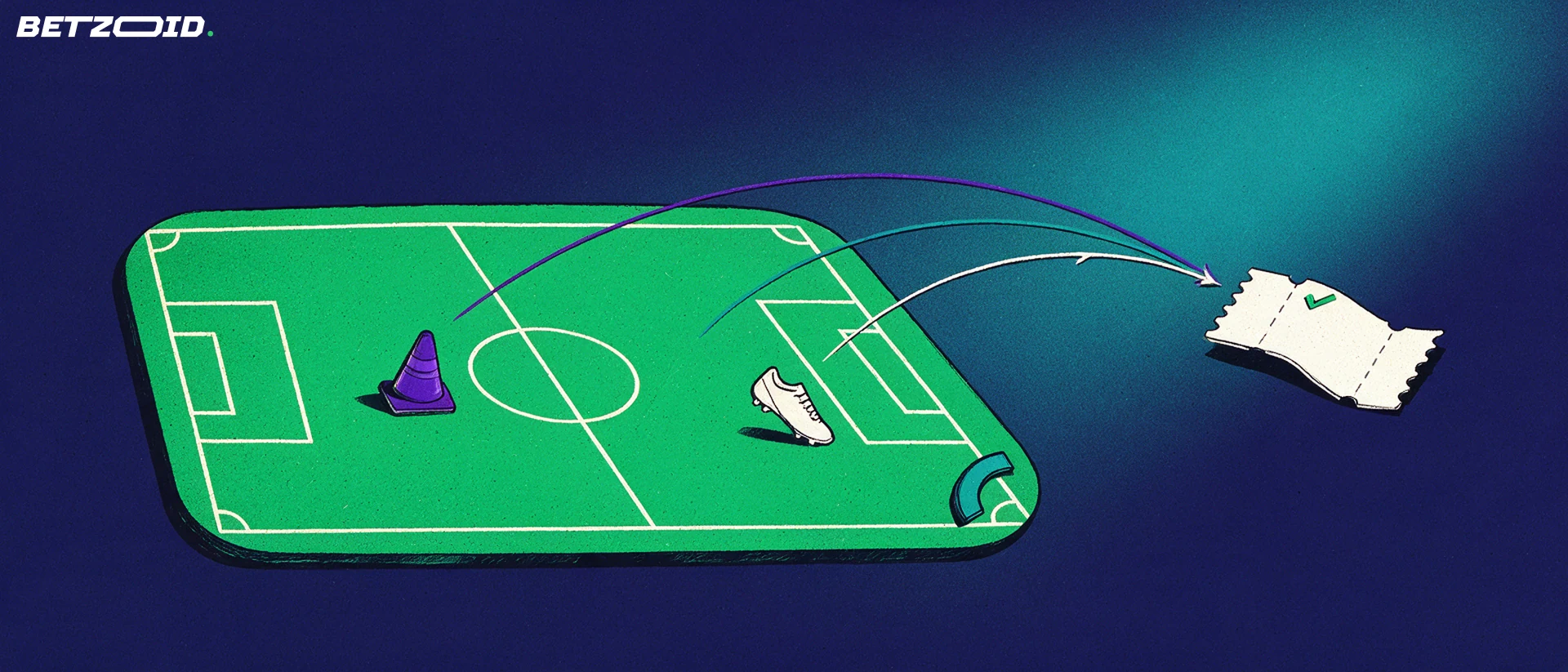 Illustration of an overhead football pitch with three marked selections whose lines converge into a single ticket.