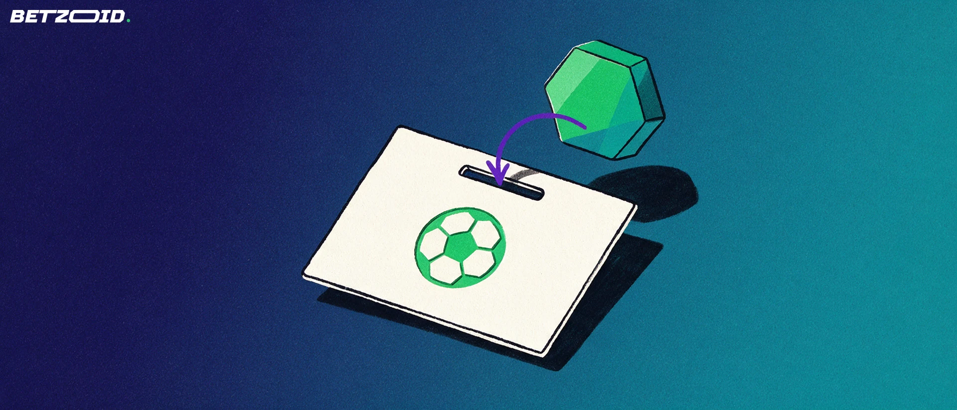 Illustration of a faceted digital coin dropping into the slot of a betting slip marked with a football symbol.