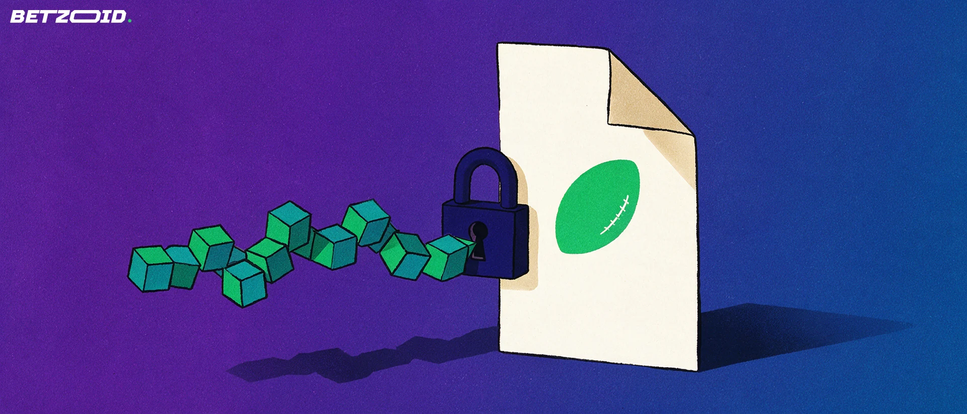 Illustration of a key made of linked blockchain cubes unlocking a padlock on a betting ticket with a football symbol.